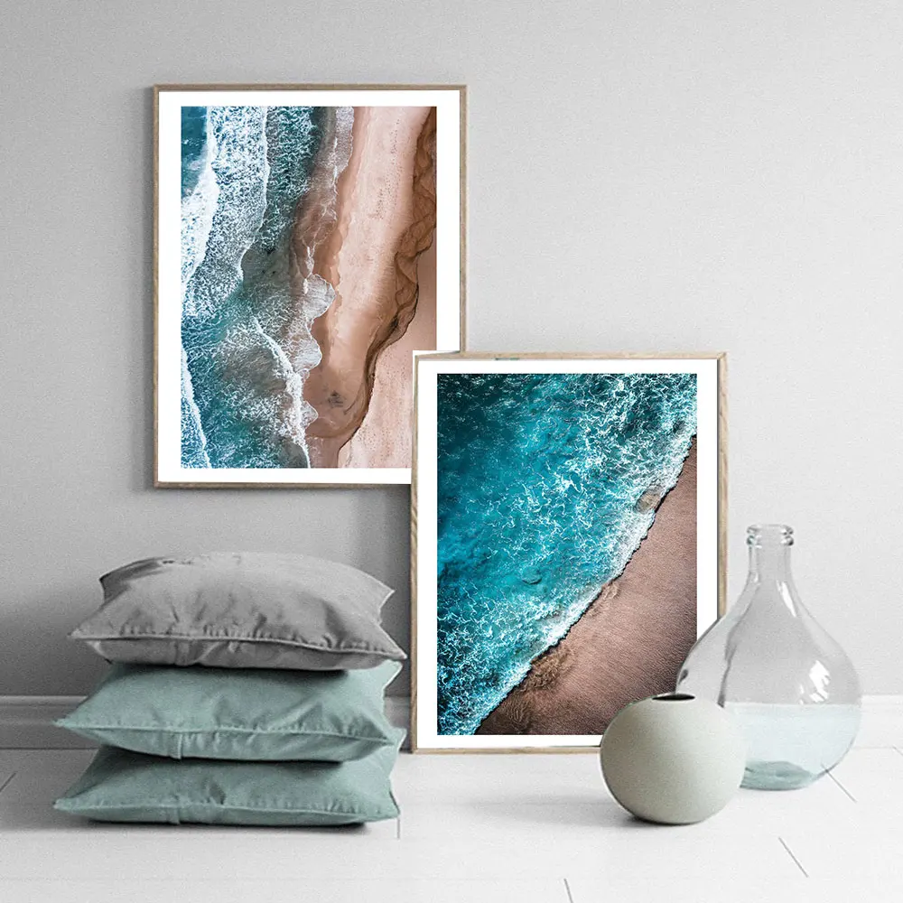 

Seascape Poster Blue Wave Beach aerial Canvas Painting photography Art Print Norbic Wall Picture For Living room Home Decor