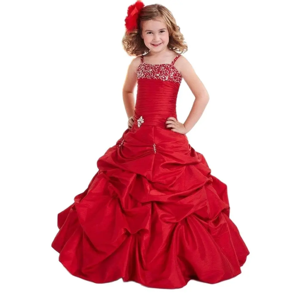 

Double Straps Red Cute Elegant Girl's Pageant Dresses Beads Taffeta Sleeveless Ball Gowns Girls' Formal Dress