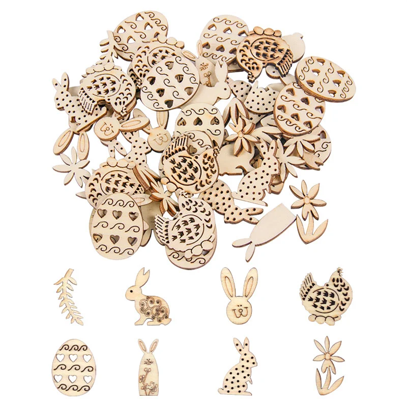 

50pcs Easter Wooden Chip Rabbit Egg Chicken Hanging Ornament Pendant DIY Wood Crafts For Home Easter Party Decorations Kids Gift