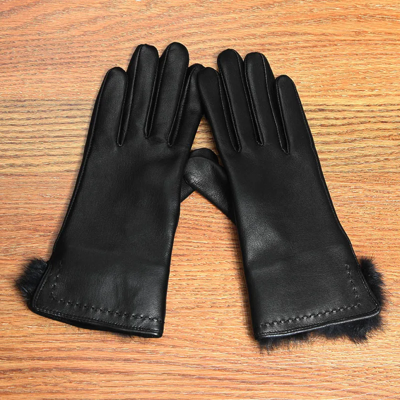 Genuine Leather Women's Gloves Autumn Winter Thermal Plush Lined Wrist Rabbit Hair Black Sheepskin Female L6124-2 | Аксессуары для
