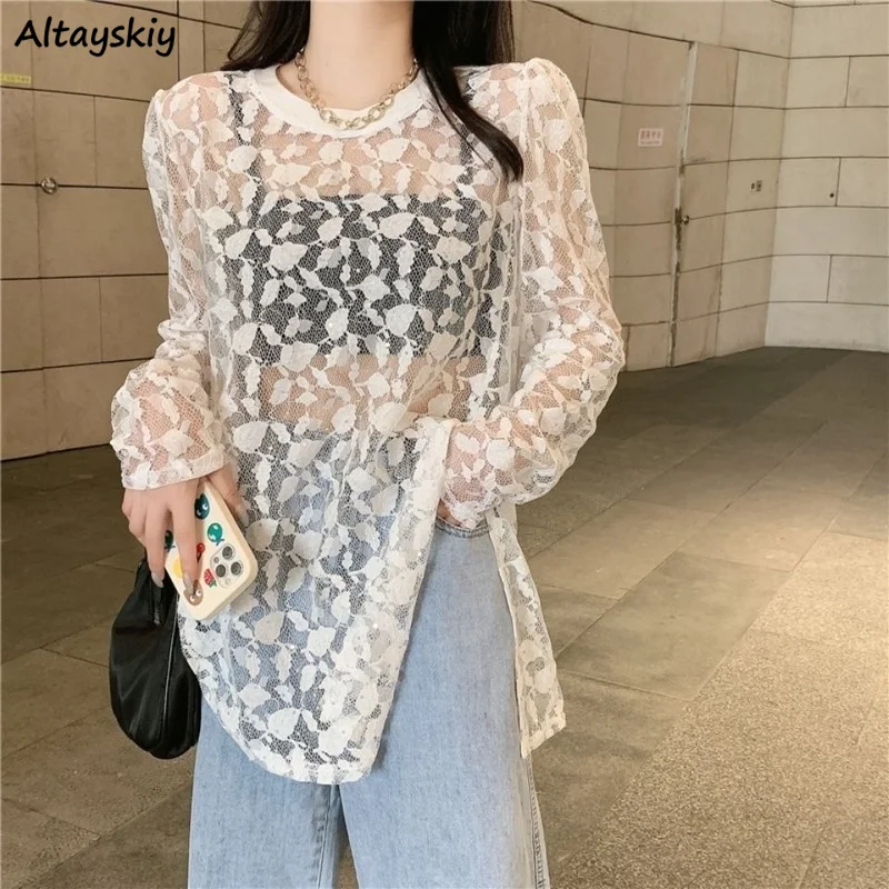 

Blouses Women Summer Long Sleeve Fashion Lace Korean Style Sexy Club Wear All-match Streetwear Sun-proof O-neck Lady Sheer Tops