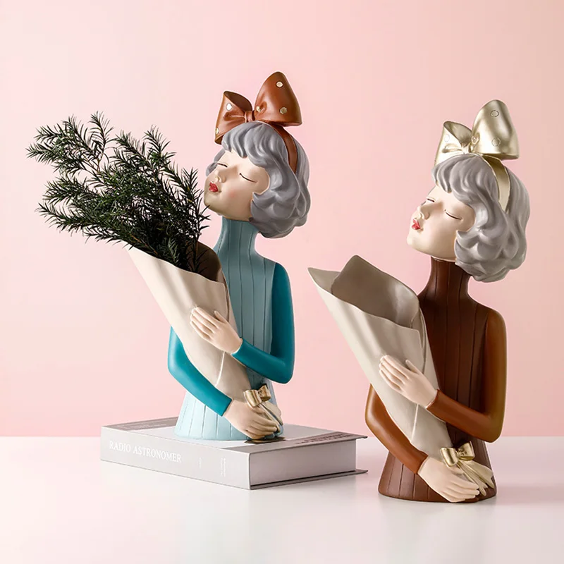 

Moden Gorgeous Girl Resin Bouquet Statue Creative Nordic Flower Vase Ornaments Fashion Style Home Decoration Living Room Gifts