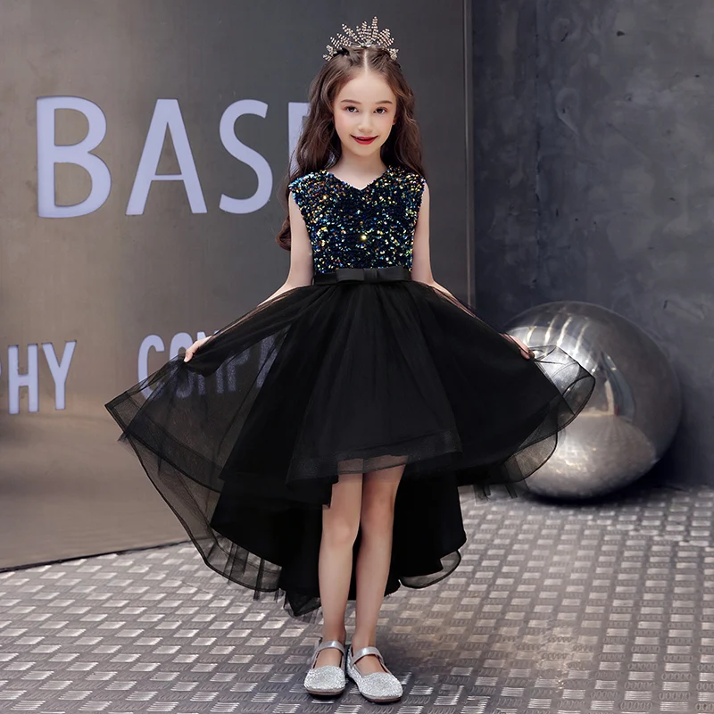 

Детское черное вечерние с блестками, с V-образным вырезом, для девочек