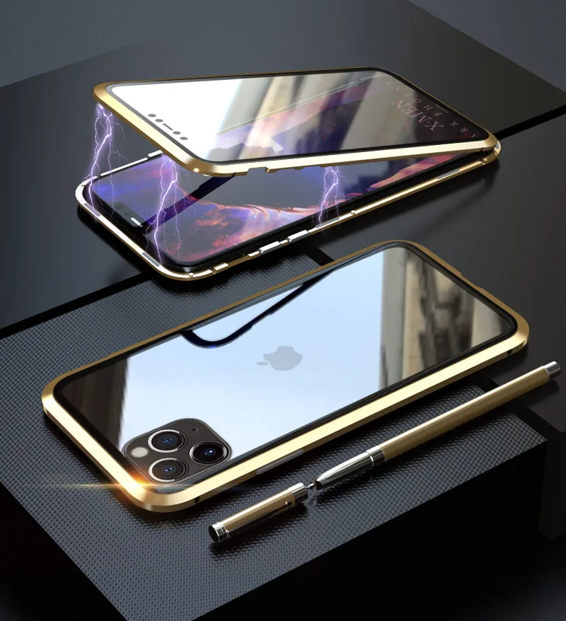 Двойной чехол из закаленного стекла для iPhone 11 Pro Max чехол с металлической рамкой Магнитный противоударный чехол для iPhone 11 Pro Max Shell