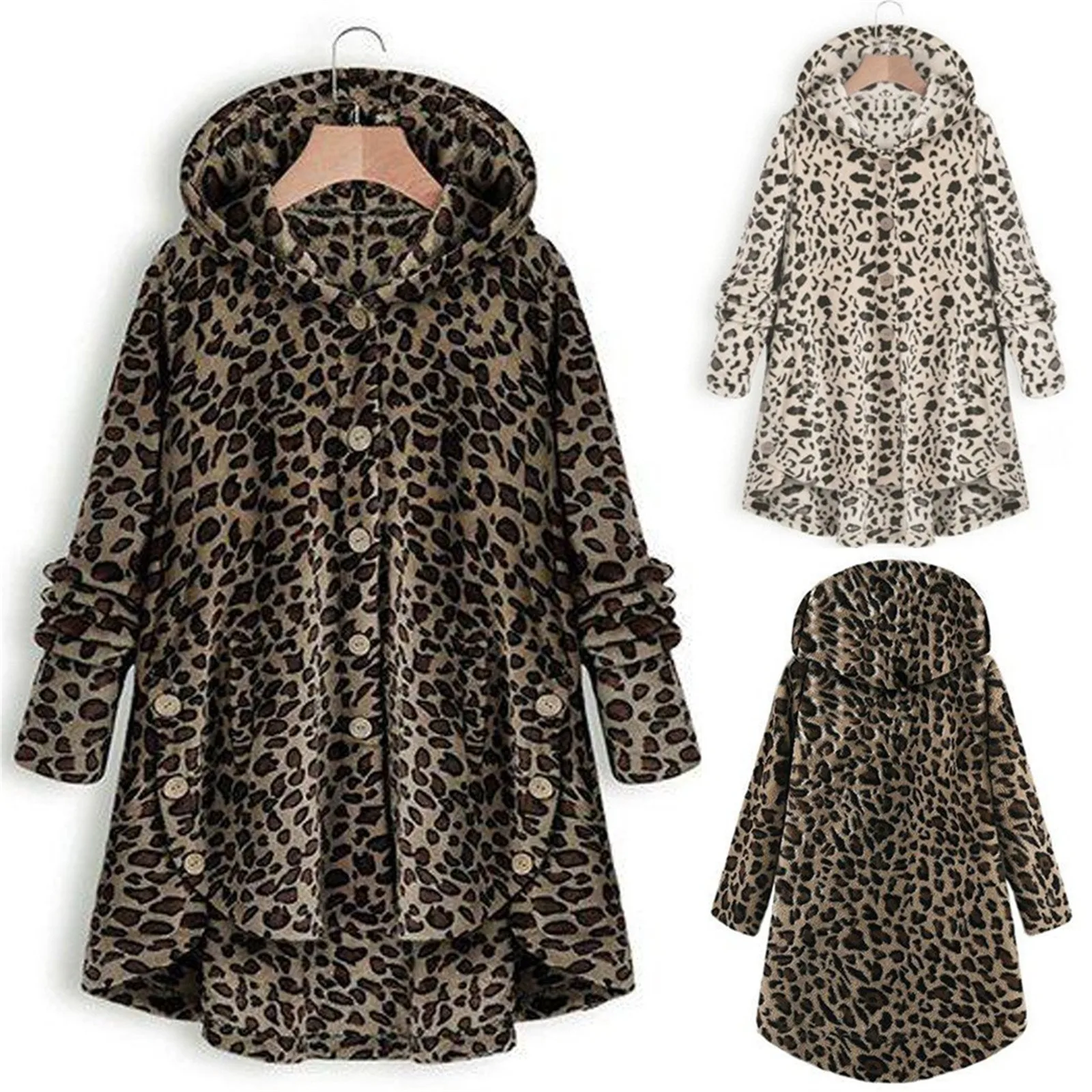 

Fashion Women Hooded Jacket Button Coat Leopard Tops Hooded Pullover Loose Blouse Plus Size Warm Thick Windbreaker Outerwear