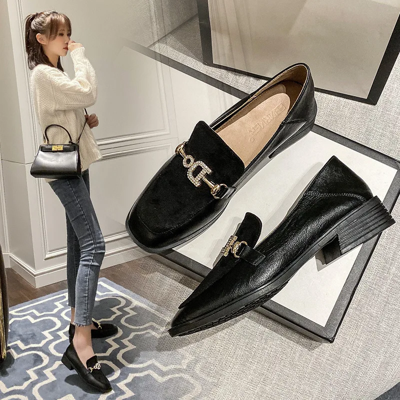 

NAKKESHMEN-2020 Autumn Size British Style Loafers Women's Flat College Square Head Single Shoes Crystal Small Shoes