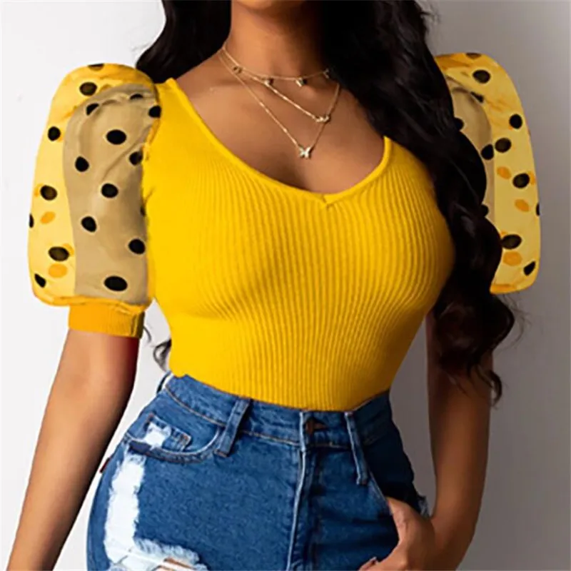 Женская прозрачная сетчатая блузка с пышными рукавами летняя женские пуловеры