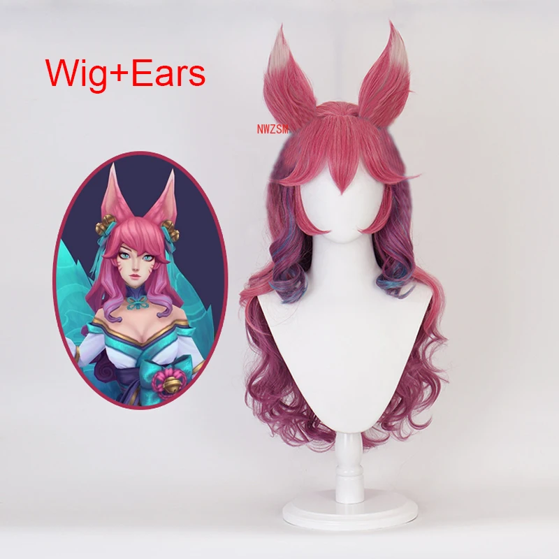 

New style Game LOL Spirit Blossom Ahri Cosplay Wig With Ears Headwear Cosplay Costume The Nine-Tailed Fox Hair Women Wigs