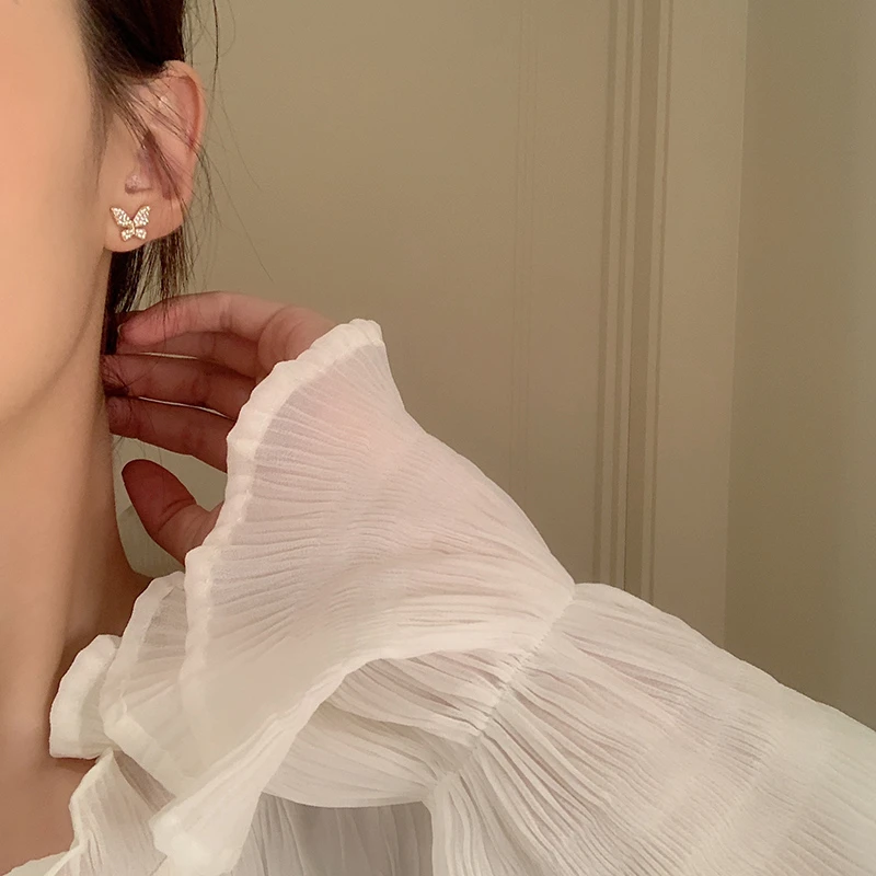

MENGJIQIAO Korean Elegant Cute Rhinestone Butterfly Stud Earrings For Women Girls Fashion Metal Chain Boucle D'oreille Jewelry