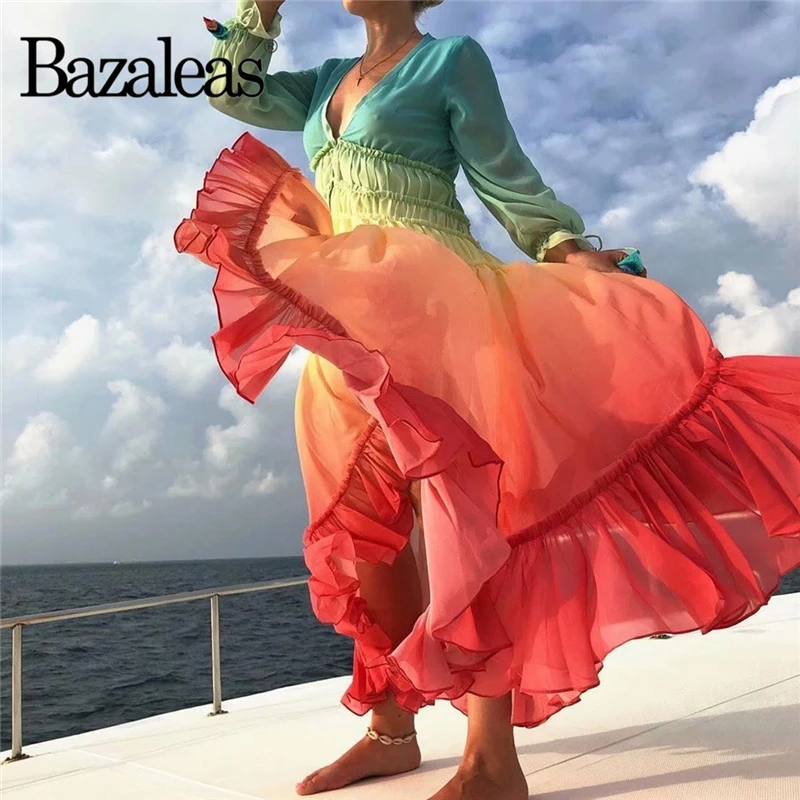 Женское длинное платье Bazaleas разноцветное с градиентом и оборками элегантное на