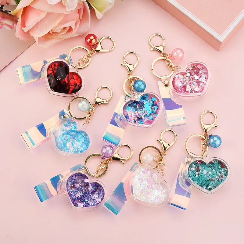

Creative Acrylic Into The Oil Bottle Flowers Love Keychain Flash Peach Heart Car Key Chain Bag Pendant