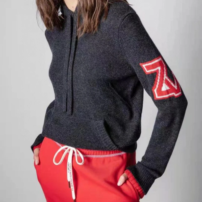 

2021 autumn winter new hooded pocket arm letter design cashmere sweater top