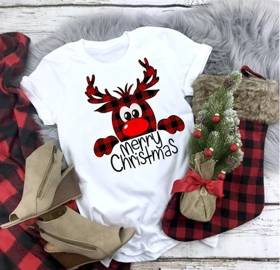 

Women's Fashion Short Sleeve Buffalo Plaid Reindeer Merry Christmas Print Casual Holiday Top T-shirt women fashion funny tees