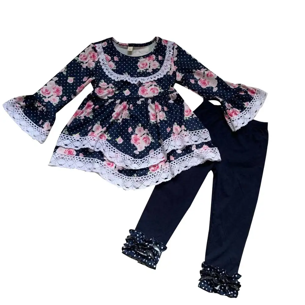 

Baby girls spring summer clothing set pretty navy floral lace long sleeve tunic with icing leggings boutique outift