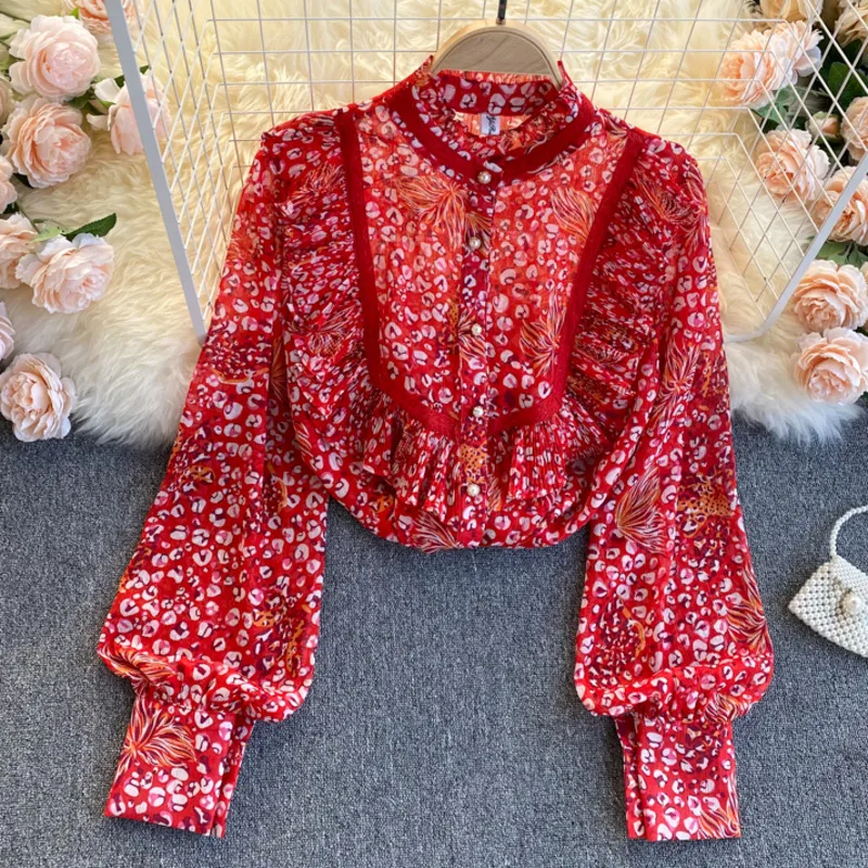 

Women Summer Chiffon Blouse 2021 Floral Print Long Sleeve Stand Collar Ruffles Loose Casual Shirts Lace Patchwork Top Blusas