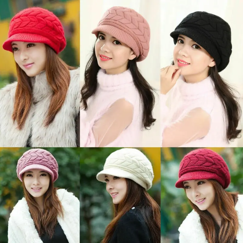 

Winter Warm Womens Ladies Hat Crochet Knitted Fleece Baker Boy Peaked Beanie Cap