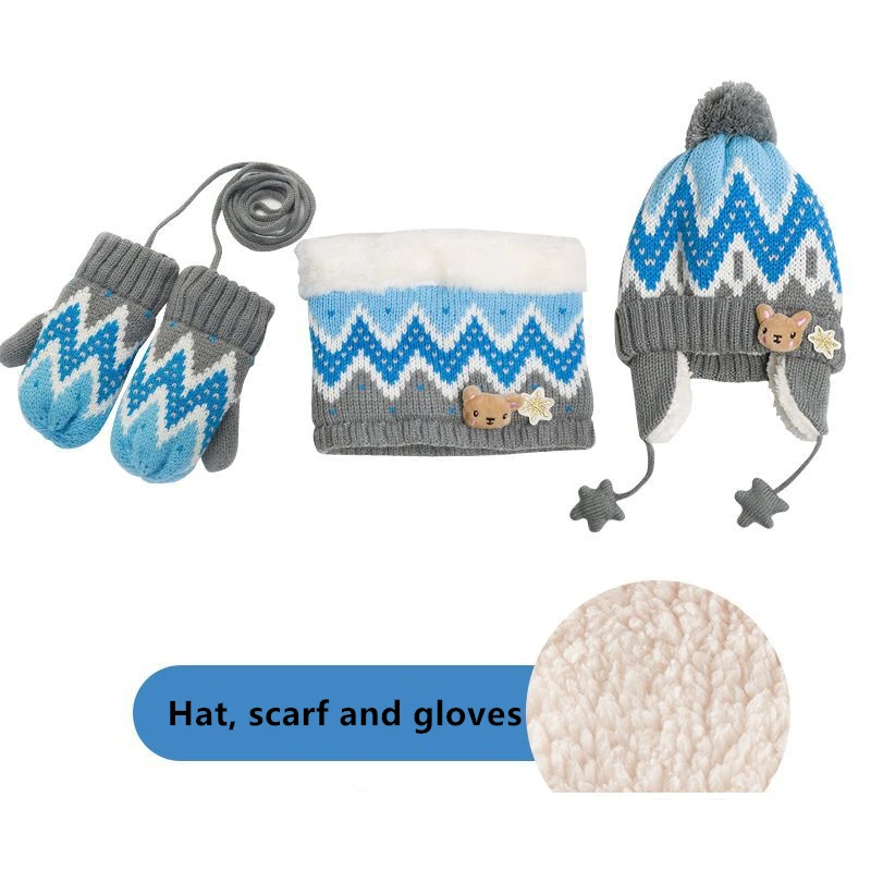 Gloves Hat And Scarf Зимний детский шарф, шапка и наборы с перчатками, детская шапка со снежинками и шарфом из мультфильма, теплые бархатные шапочки - Цвет: Gloves Hat And Scarf