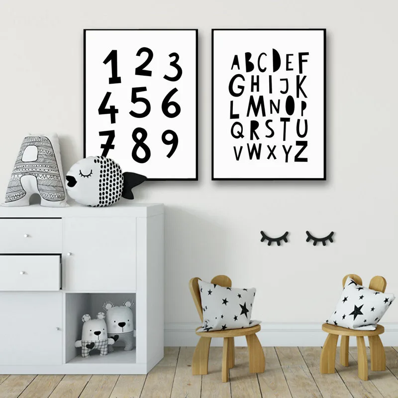 Холст Печать Картина Искусства На Стене Картинка В Стиле Карикатуры Черно-Белый Алфавит Арабские Числа Плакат Для Современной Мальчик Спальни Модульные Картины.