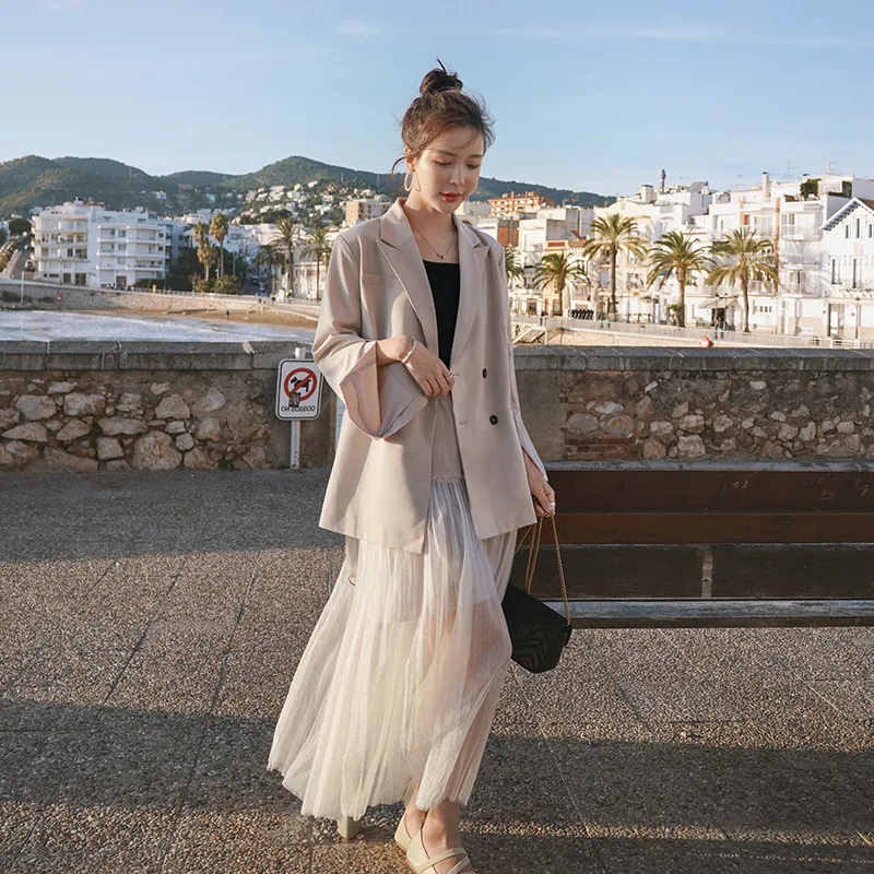 [EWQ] Новинка осени 2020 женский элегантный и шикарный двубортный блейзер + сетчатая