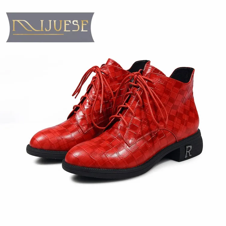 MLJUESE/женские ботильоны из овечьей кожи с круглым носком на шнуровке Зимние