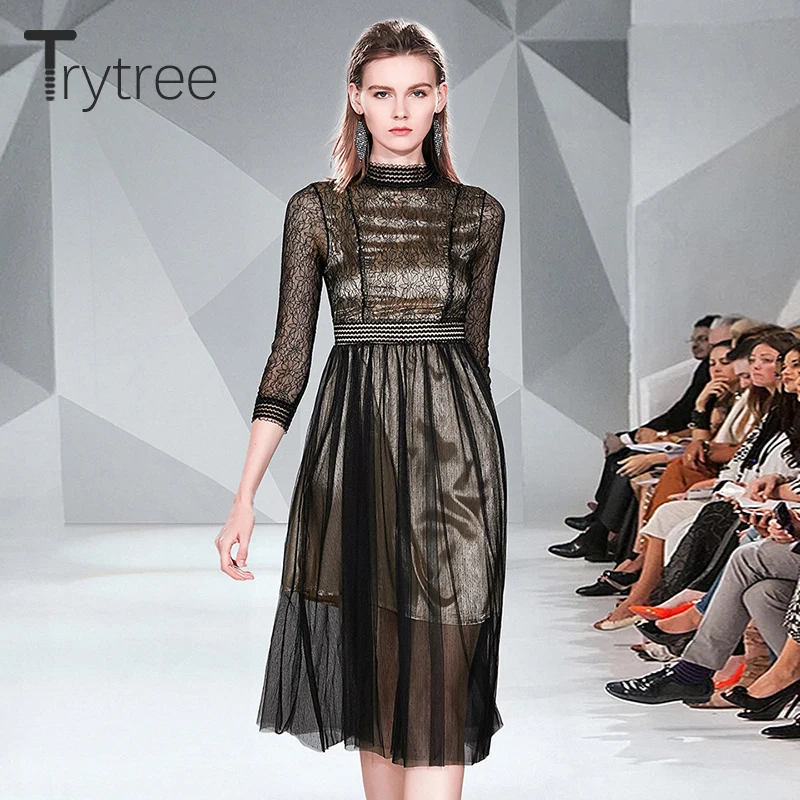 Trytree/осеннее платье, повседневное кружевное женское модное платье в стиле пэчворк, воротник-стойка, платья до середины икры, Сетчатое платье трапециевидной формы для офиса