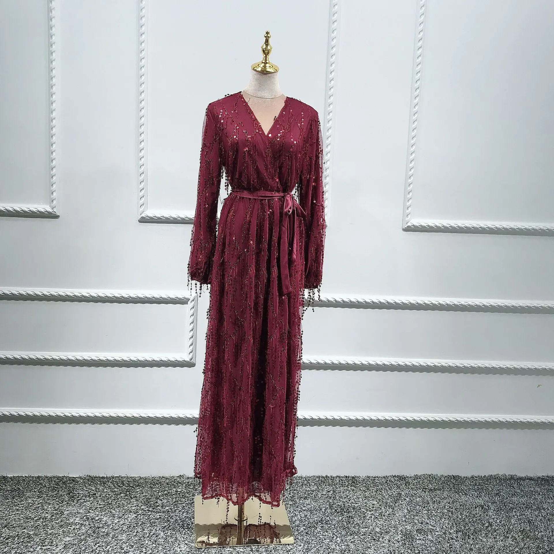 

2021 Muslim New Double Dress with Sequins and Tassels Dubai Robes Abayas for Women Turkish Dresses Turkish Clothing Kuftan