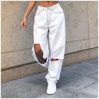 Белые брюки в стиле Харадзюку со средней талией, Модные свободные женские классические мешковатые джинсы в стиле бойфренда с дырками, Женские винтажные брюки, джинсы с широкими штанинами