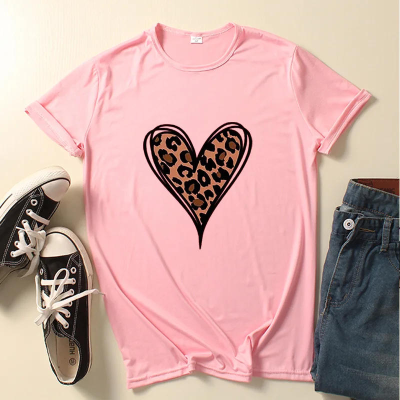 

Heart Leopard Print Women T Shirt Short Sleeve O Neck Loose Women Tshirt Ladies Tee Shirt Tops Clothes Camisetas Mujer
