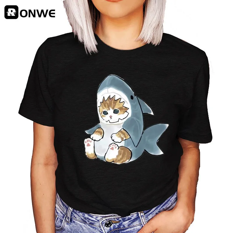 Забавная женская футболка Y2K с котом и акулой летняя одежда для женщин 90-х модные