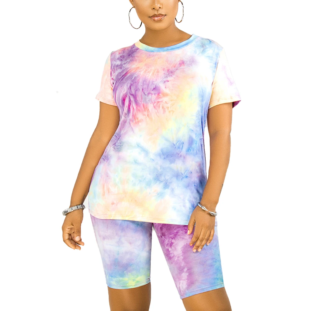 

Orange Tie-Dye Bike Shorts Two Piece Set Women Summer T Shirt Top+Shorts Casual Tracksuit 2PCS S-2XL