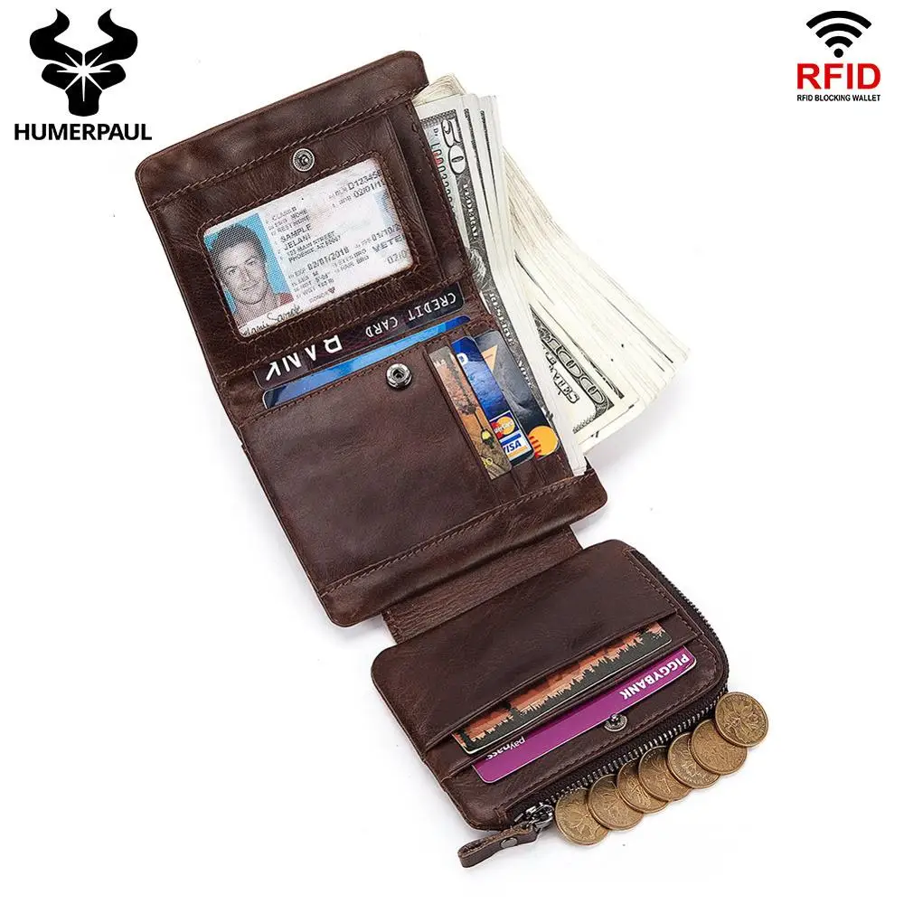 

High Quality Men's RFID Short Wallet Top Layer Cowhide three folding Purse Retro Fashion Male Cards Holder Zipper Coin Purse
