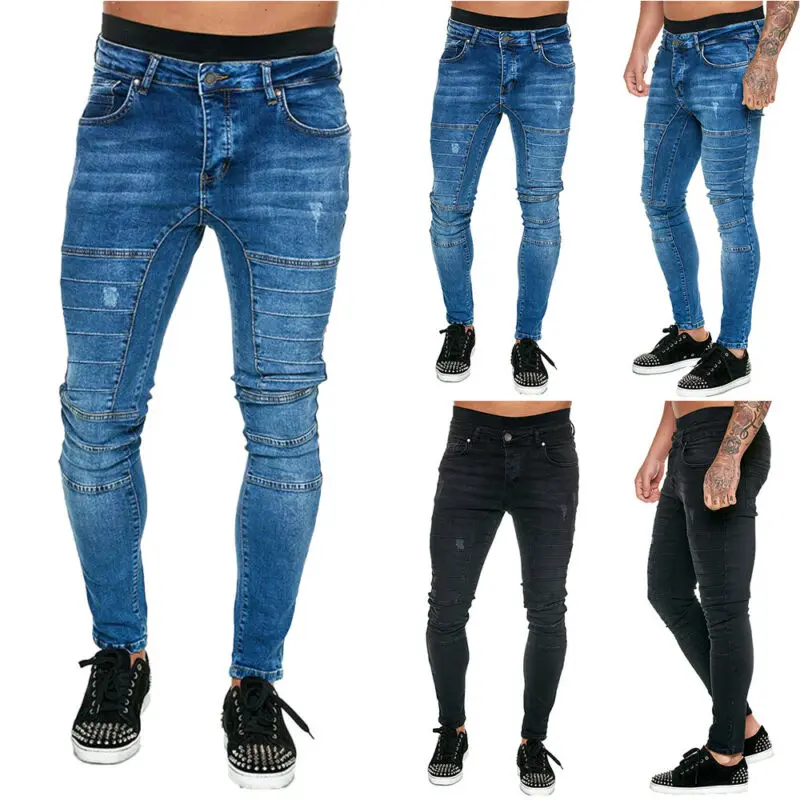 Джинсы мужские рваные мотоциклетные брюки джинсы облегающие тонкие верхняя