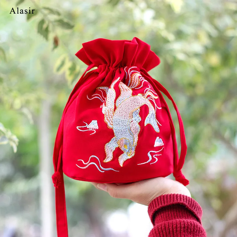 Красная сумка мешок Alasir с вышивкой Hanfu винтажная Повседневная Сумка тоут в