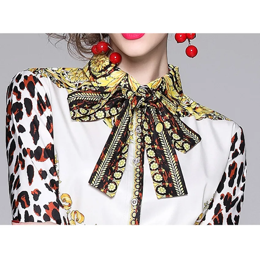 

Autumn Dress Vintage Leopard Print Maxi Dress Women Bow Neck High Quality Fashion Runway Long Pleated Dress Party Vestidos