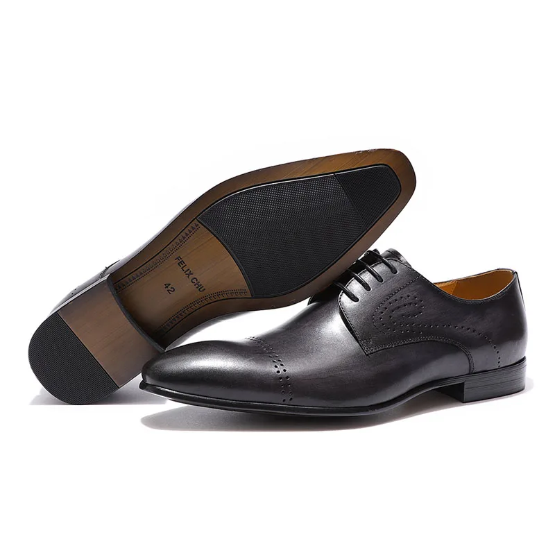 Мужские модельные туфли FELIX CHU серые коричневые Броги из натуральной кожи с
