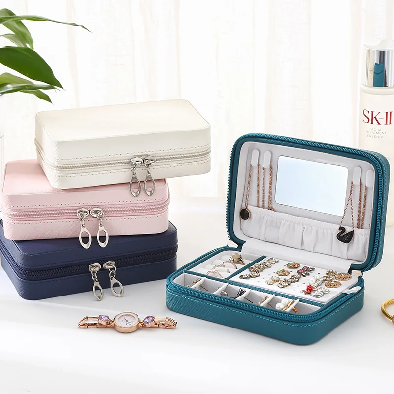 2022 New PU Leather Simple Jewelry Box With Zipper And Mirror Portable Jewelry Storage Box Earrings