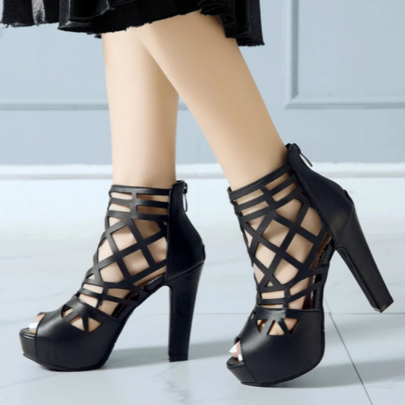Autumn Summer Ankle Boots For Women PU Leather High Heels Short Platform Cut-outs Black Red White Party Shoes Large Size | Обувь