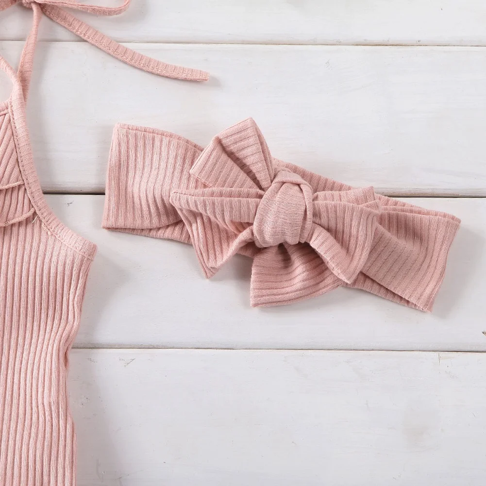 

Baby Girl Clothes Summer Clothing Girls Knitted Ruffle Vest Newborn Top Shorts Headband Kids Ribbed Casual Outfit Kids 3Pcs Set