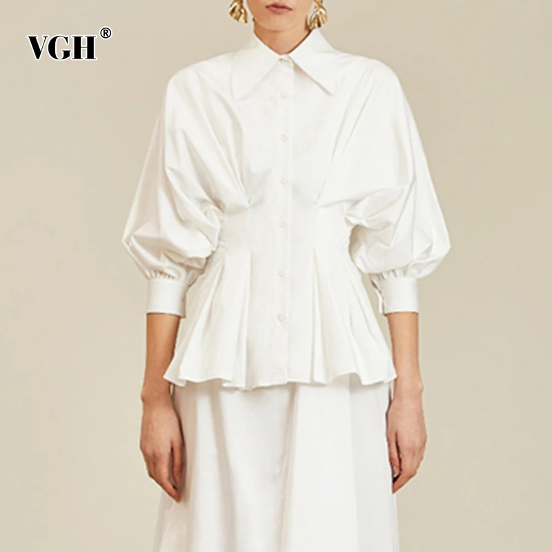 

Женская однобортная блузка VGH, свободная однобортная блузка с отложным воротником и длинными рукавами-фонариками, одежда с открытым стежко...