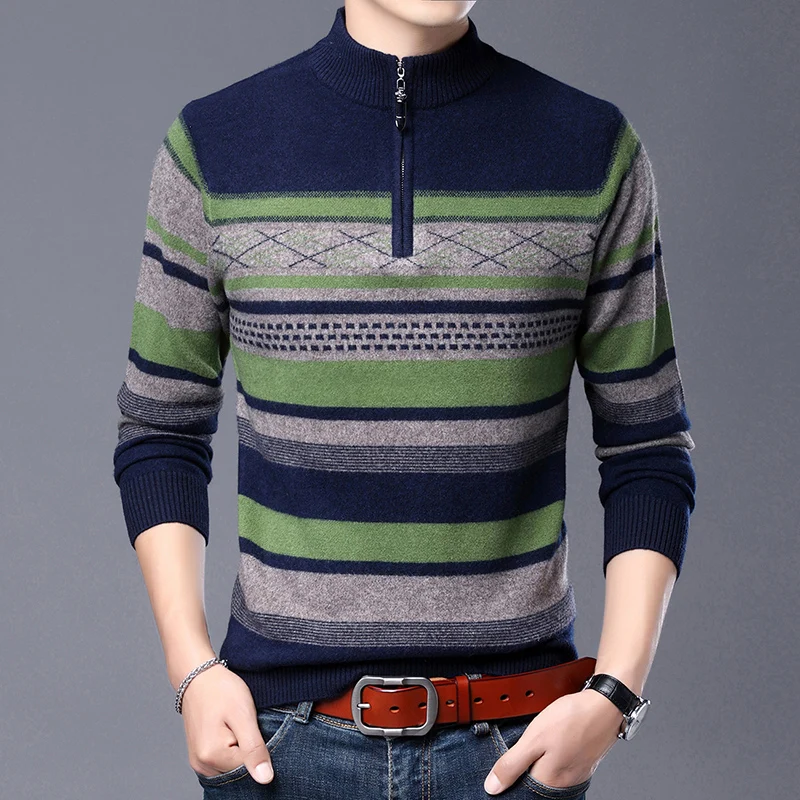 Man Cashmere Zipper  Sweater Autumn Winter Patchwork Striped Pure 100% Wool Sweaters Soft Slim Fit Jumper Pullovers