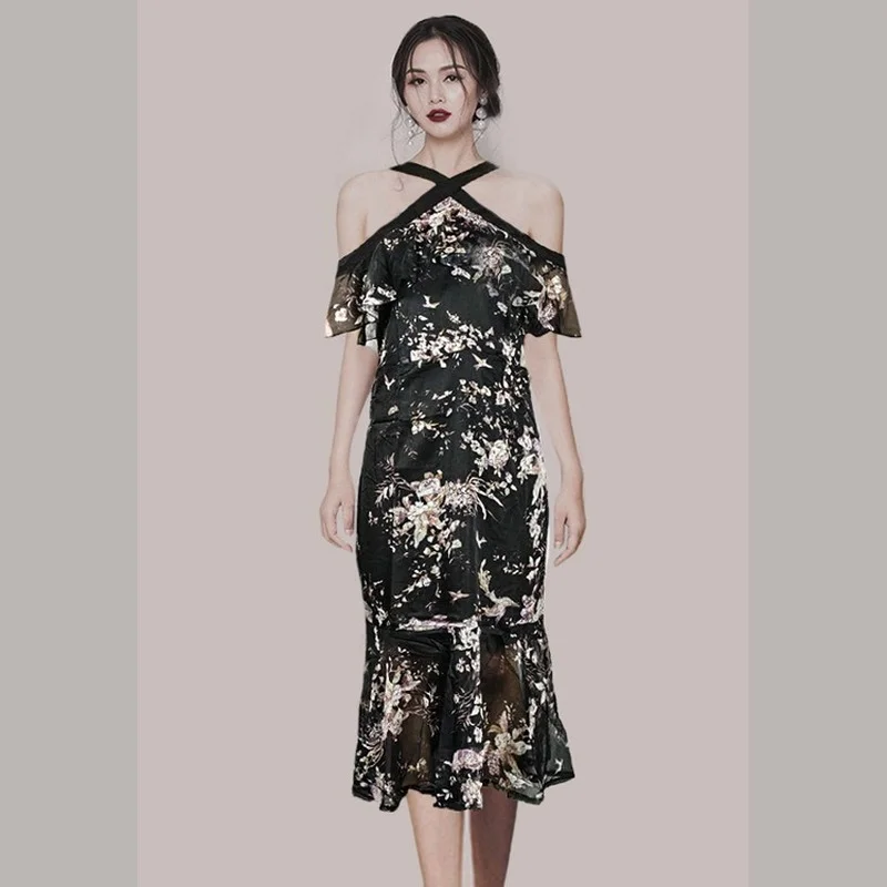 

Summer Dresses Chiffon Bandage Bodycon Print Floral Mermaid Women Dress Vintage Elegant Korean Clothes Sexy Party Sundress