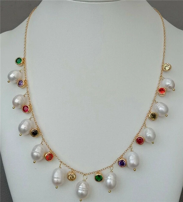 

HABITOO Luxury 11-12mm Natural White Rice Cultured Freshwater Pearl Pendant Multicolor Cubic Zircon Pave Chain Necklace Jewelry