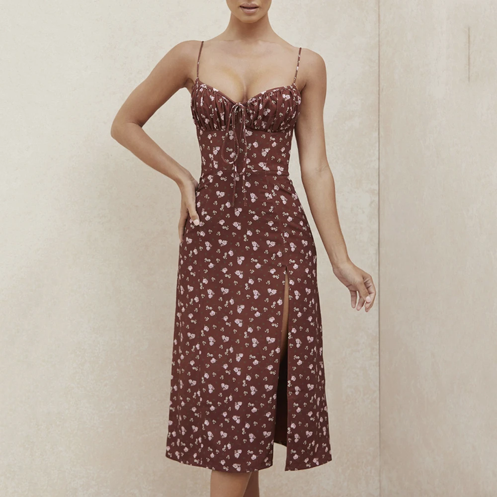 

Women Vestidos Floral Print High Slit Camisole Sleeveless Female Elegant Spaghetti Strap Party Club New Bodycon Dress