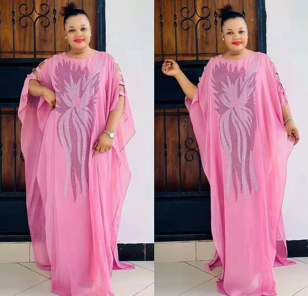 

New Fashion Classic Design African Dashiki Women's Clothing Abaya Chiffon Fabric Hot Drilling & Inside Loose Dress For Lady