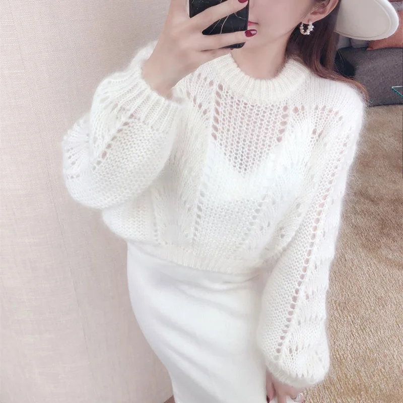 

Mohair retro short sweater women autumn winter 2020 new Korean loose half high crew neck hollowed out sweater
