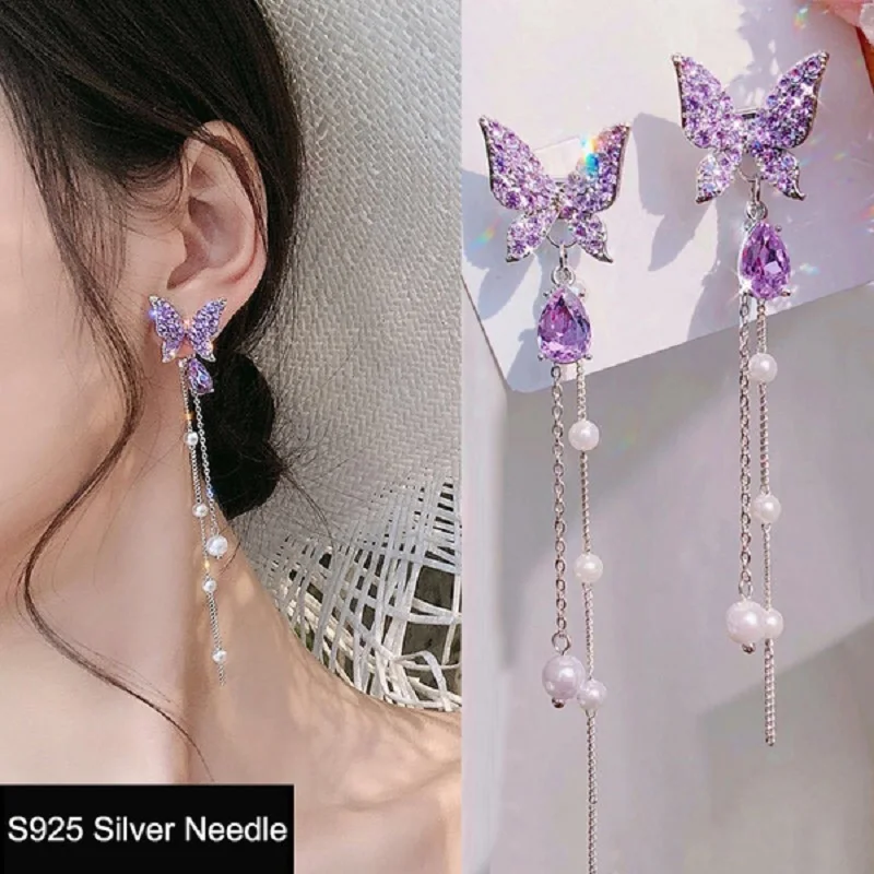 

1 Pair Korean Fashion Butterfly Rhinestone Drop Dangle Earrings For Women Elegant Long Pearl Tassel Chain Pendant Party Jewelry