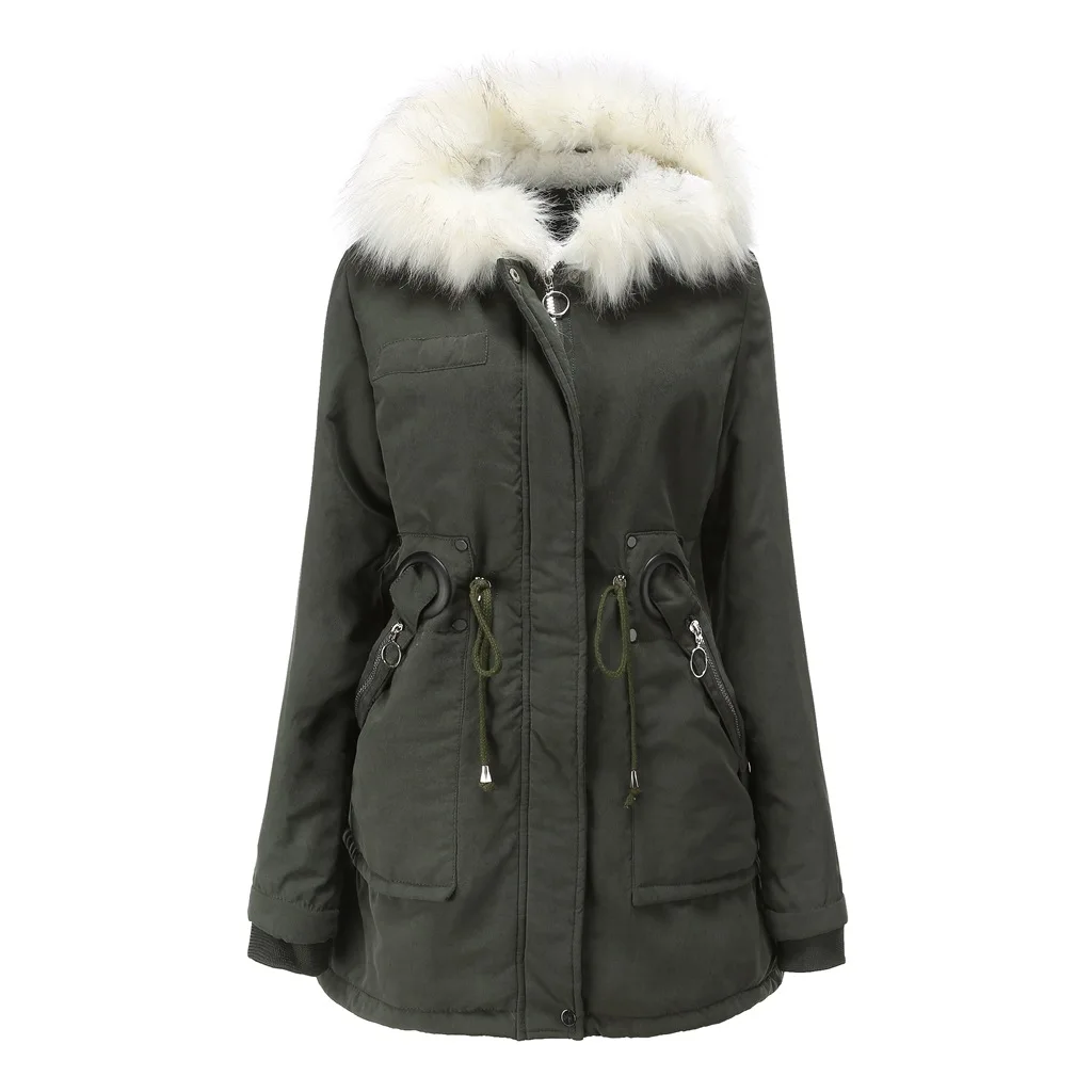 Winter Long Cotton Coat Solid Hooded White Fur Collar Plus Velvet Coat Slim High-quality Women's Cotton Cold-proof Jacket Parkas