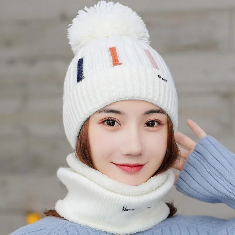 Knitted Hat With Scarf Collars SUOGRY Sets For Women Winter Ladies Hat& Scarf With Pompom Thick Two Piece Keep Snow Warm Set