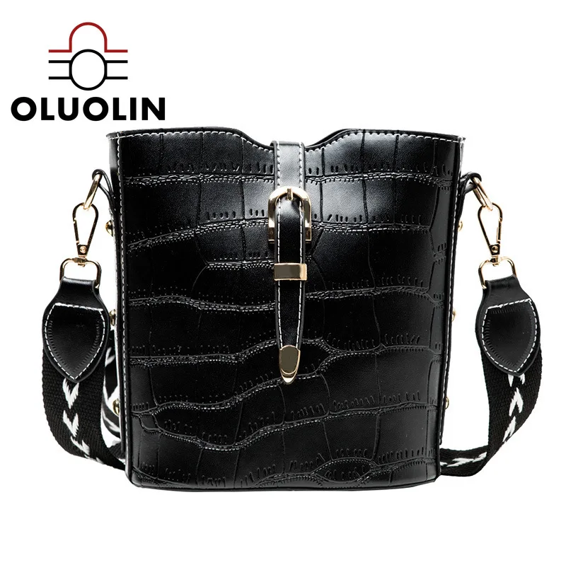 

Vintage Bucket Bag Women Style One-Shoulder Crossbody Crocodile Pattern Simple Lock All-match Wide Shoulder Bags Strap Handbag