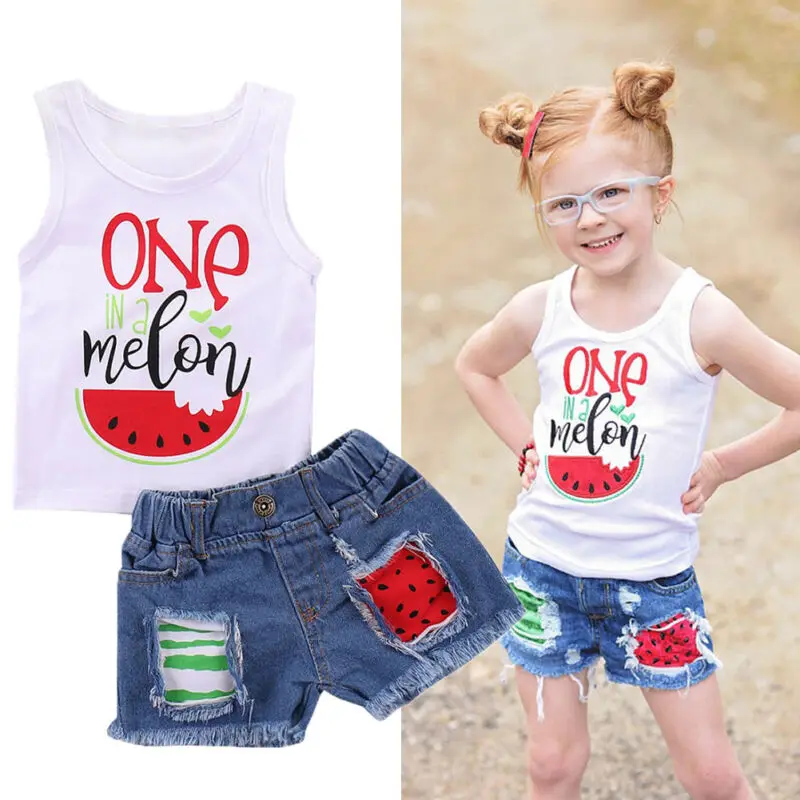 Футболка без рукавов и джинсовые шорты с принтом арбуза|Комплекты одежды для